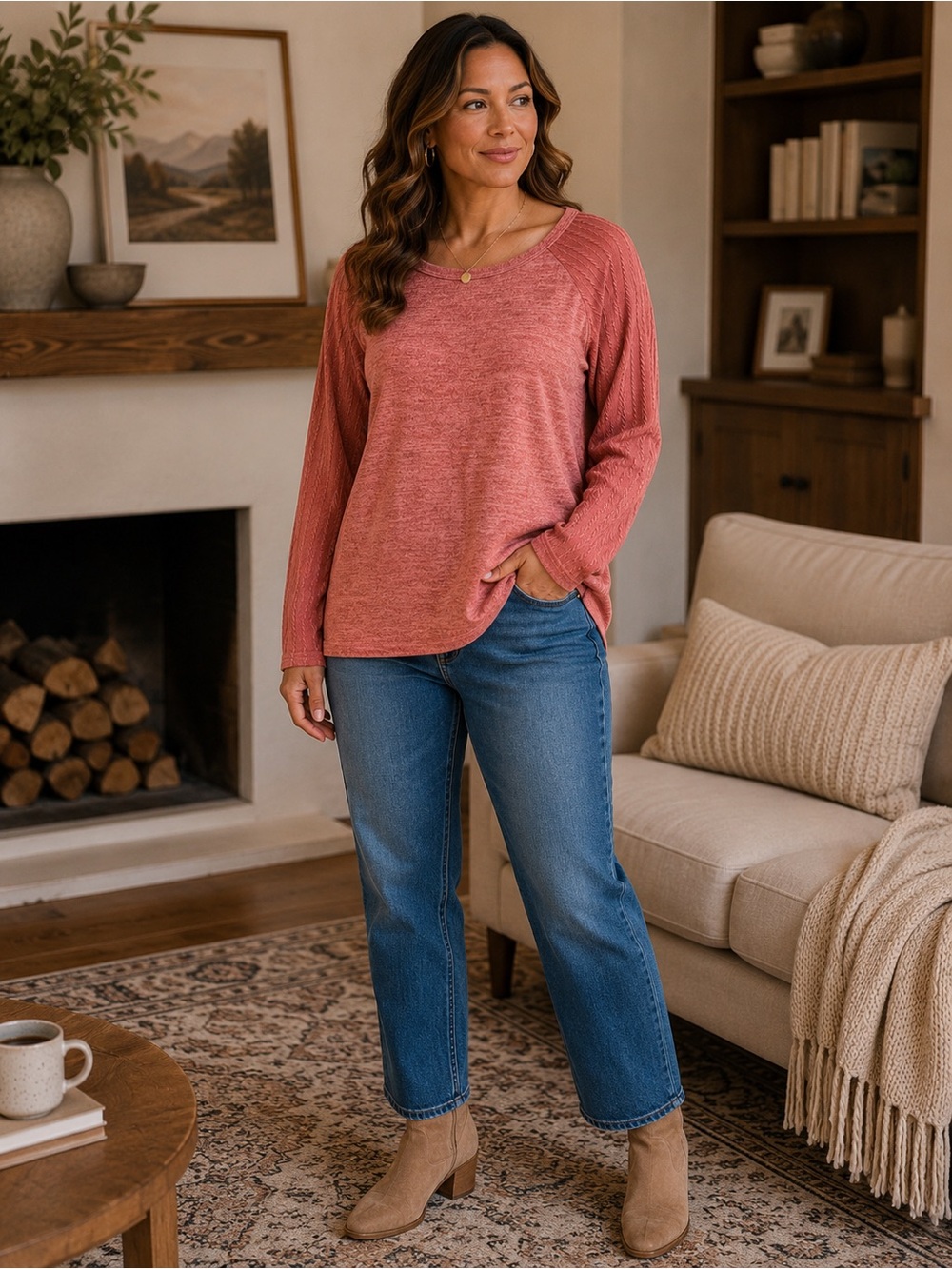 🆕🎉NWT Women's Scoop Neck Rib-Sleeve Sweater - Dusty Rose - Picture 1 of 10
